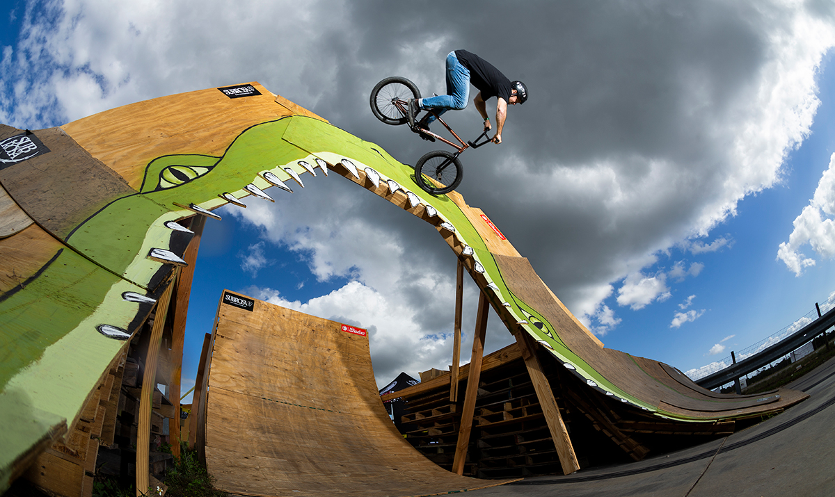 Brian Kachinsky rides a gator at the 2019 Florideah Swampfest, an off-the-beaten-path BMX festival.