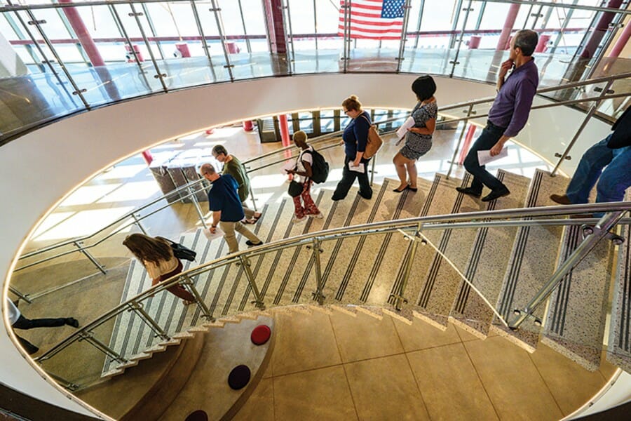 The lobby and open staircase