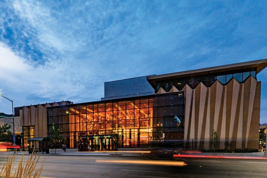 Exterior of Hamel Music Center at dusk