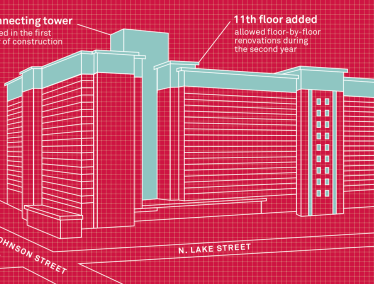 Illustration of Witte Hall showing new 11th floor and connecting tower