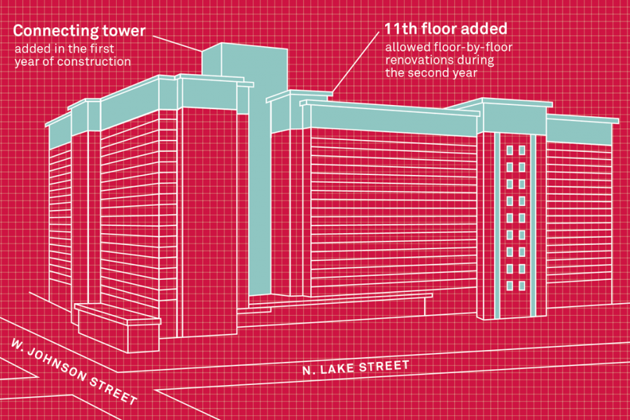 Illustration of Witte Hall showing new 11th floor and connecting tower