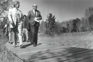 Gaylord Nelson celebrates Earth Day in 1988 with a tour of Wisconsin’s Schmeeckle Reserve in Stevens Point.