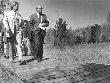 Gaylord Nelson celebrates Earth Day in 1988 with a tour of Wisconsin’s Schmeeckle Reserve in Stevens Point.
