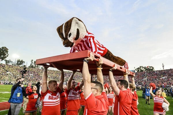 UW mascot Bucky Badger does pushups following a score during the third quarter at the Rose Bowl Game