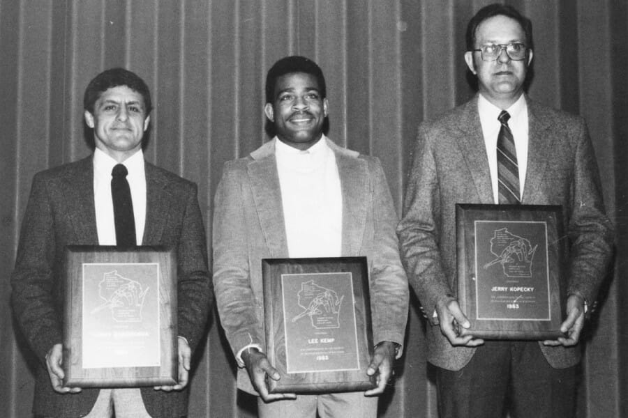 Lee Kemp being inducted into the Wisconsin Wrestling Hall of Fame in 1983