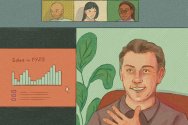 Four participants join a virtual meeting where a speaker presents a bar graph titled "Sales in FY25," highlighting increasing sales data.