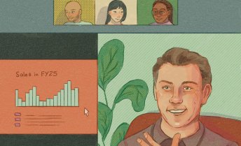 Four participants join a virtual meeting where a speaker presents a bar graph titled "Sales in FY25," highlighting increasing sales data.