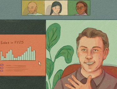 Four participants join a virtual meeting where a speaker presents a bar graph titled "Sales in FY25," highlighting increasing sales data.
