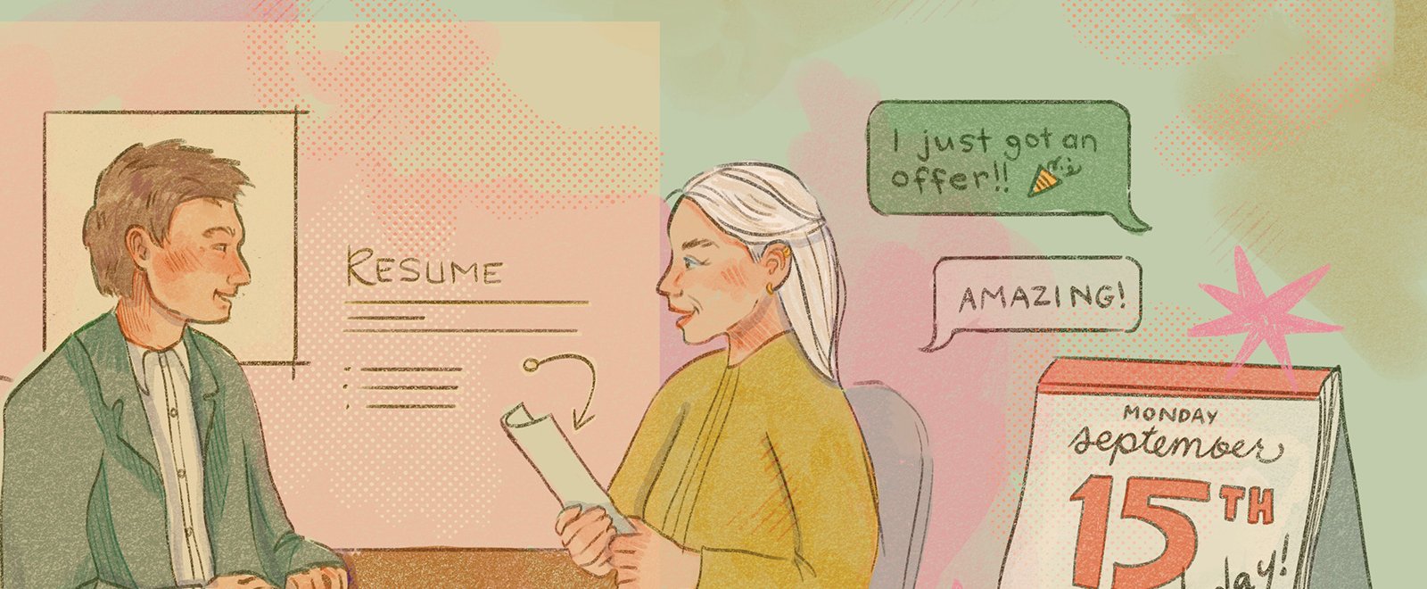 Illustration of a job interview moment where one person shares they received an offer, while the other reacts with excitement, surrounded by resume graphics and a calendar marking their first day.