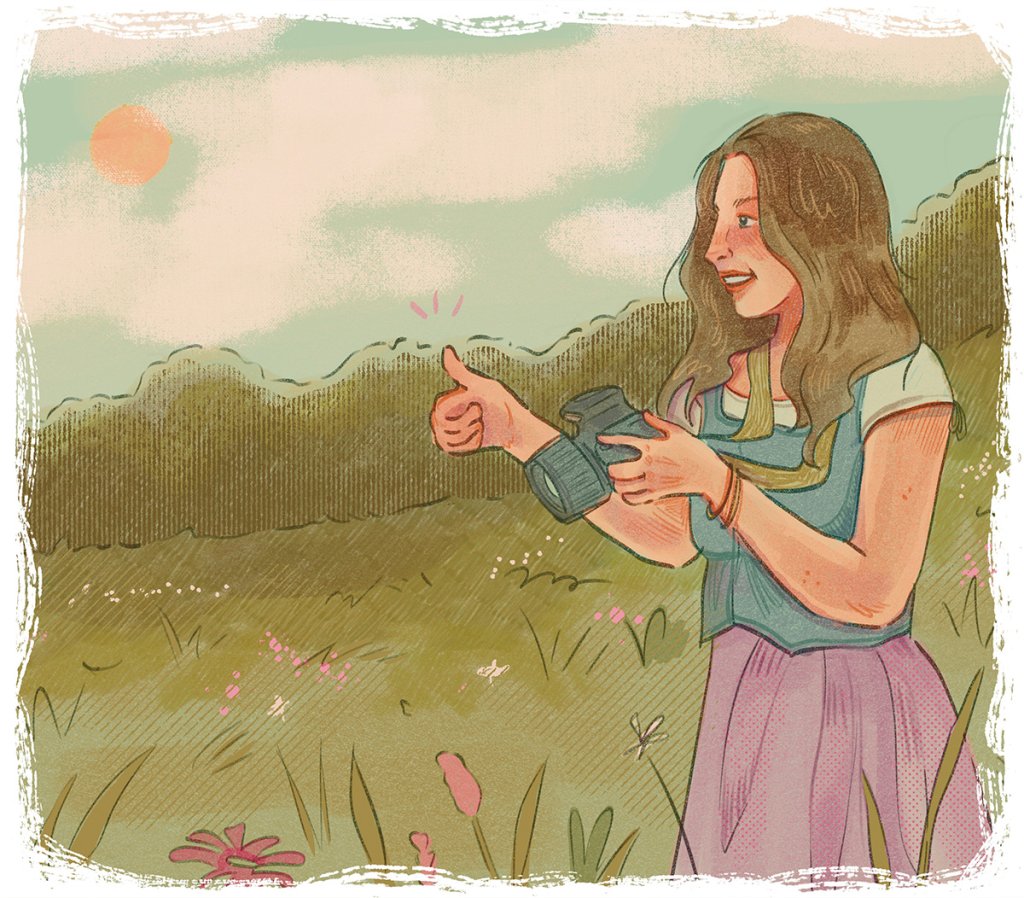 Illustration of a person standing in a field of flowers, holding a camera and giving a thumbs-up, surrounded by greenery and trees.
