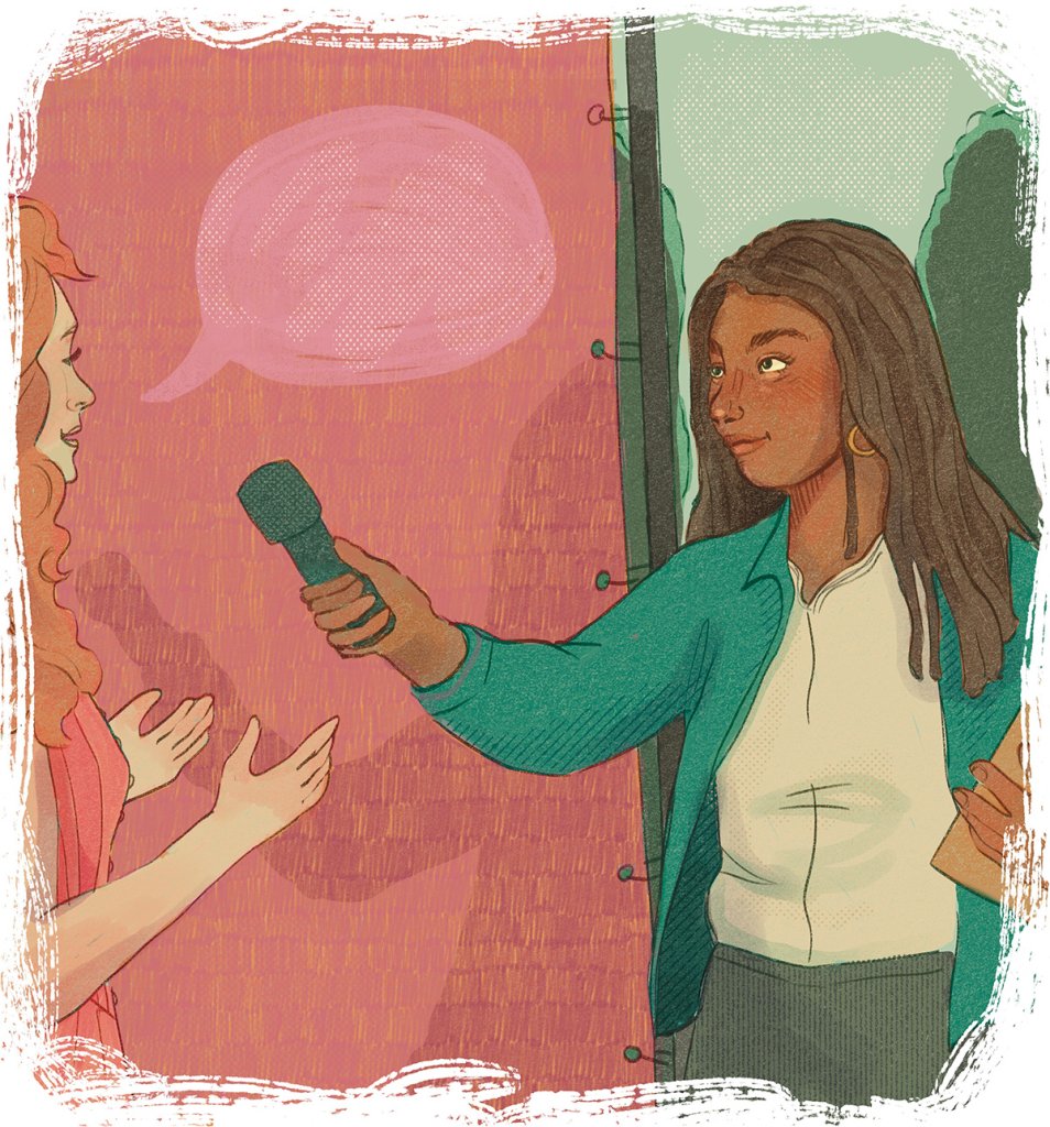 Illustration of a person in a green jacket holding a microphone toward another individual who gestures expressively with both hands.