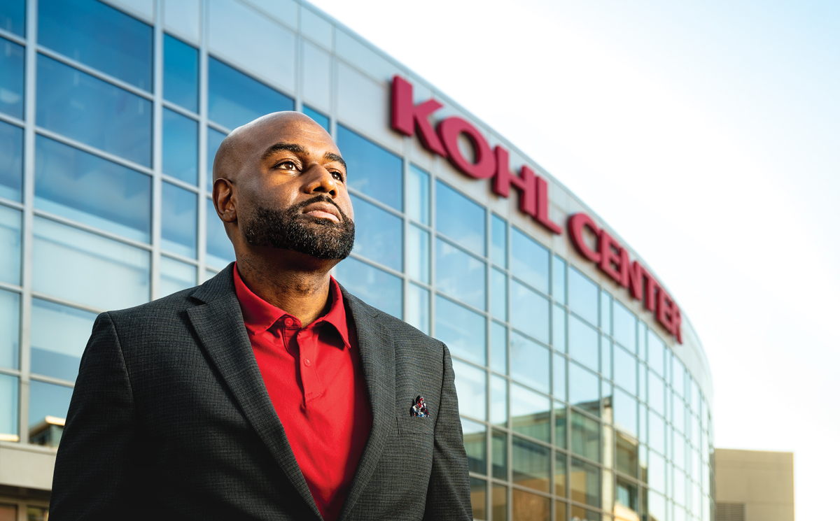 Mike Jackson in front of the Kohl Center