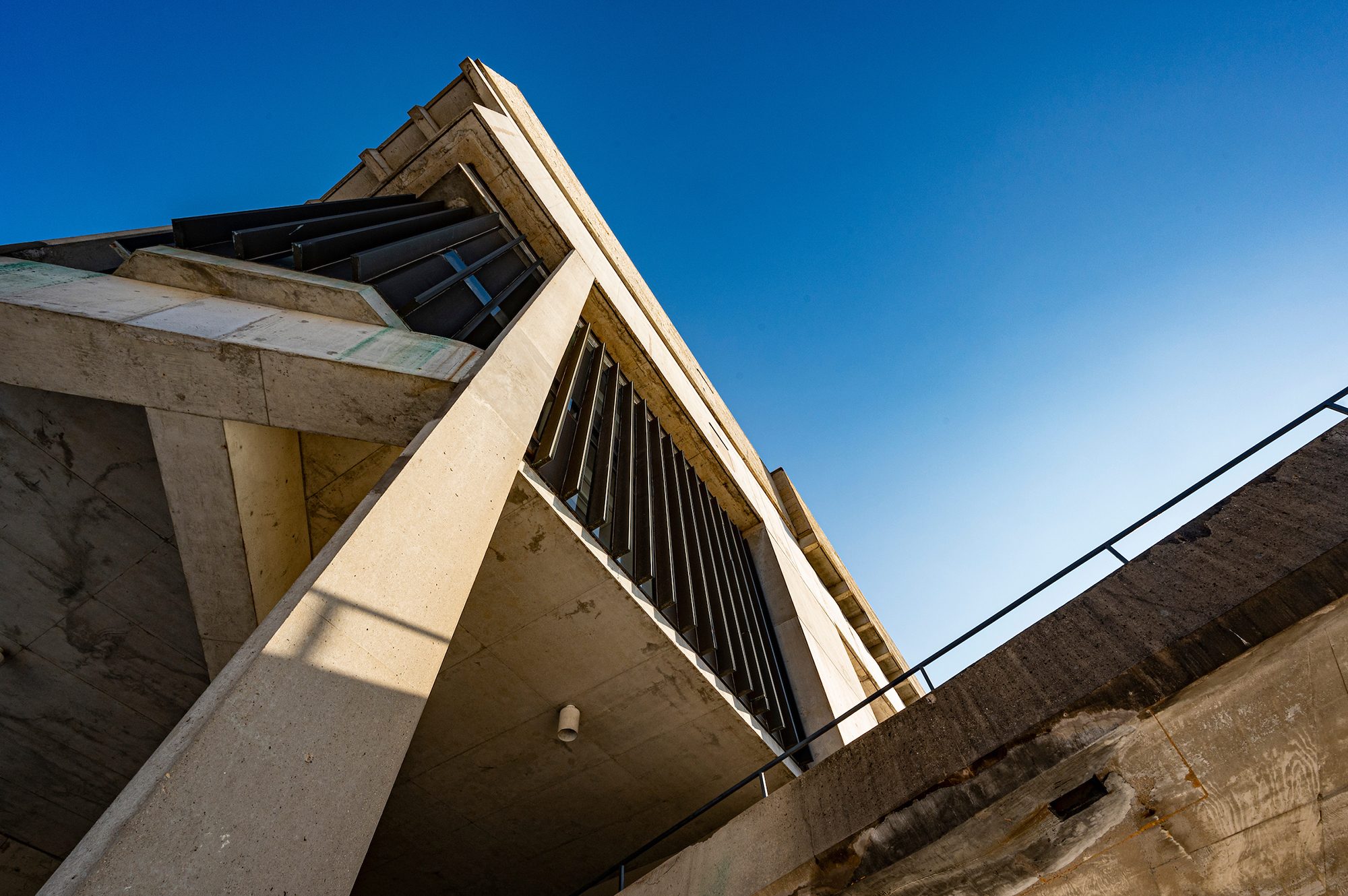 Humanities building outer corner against blue sky