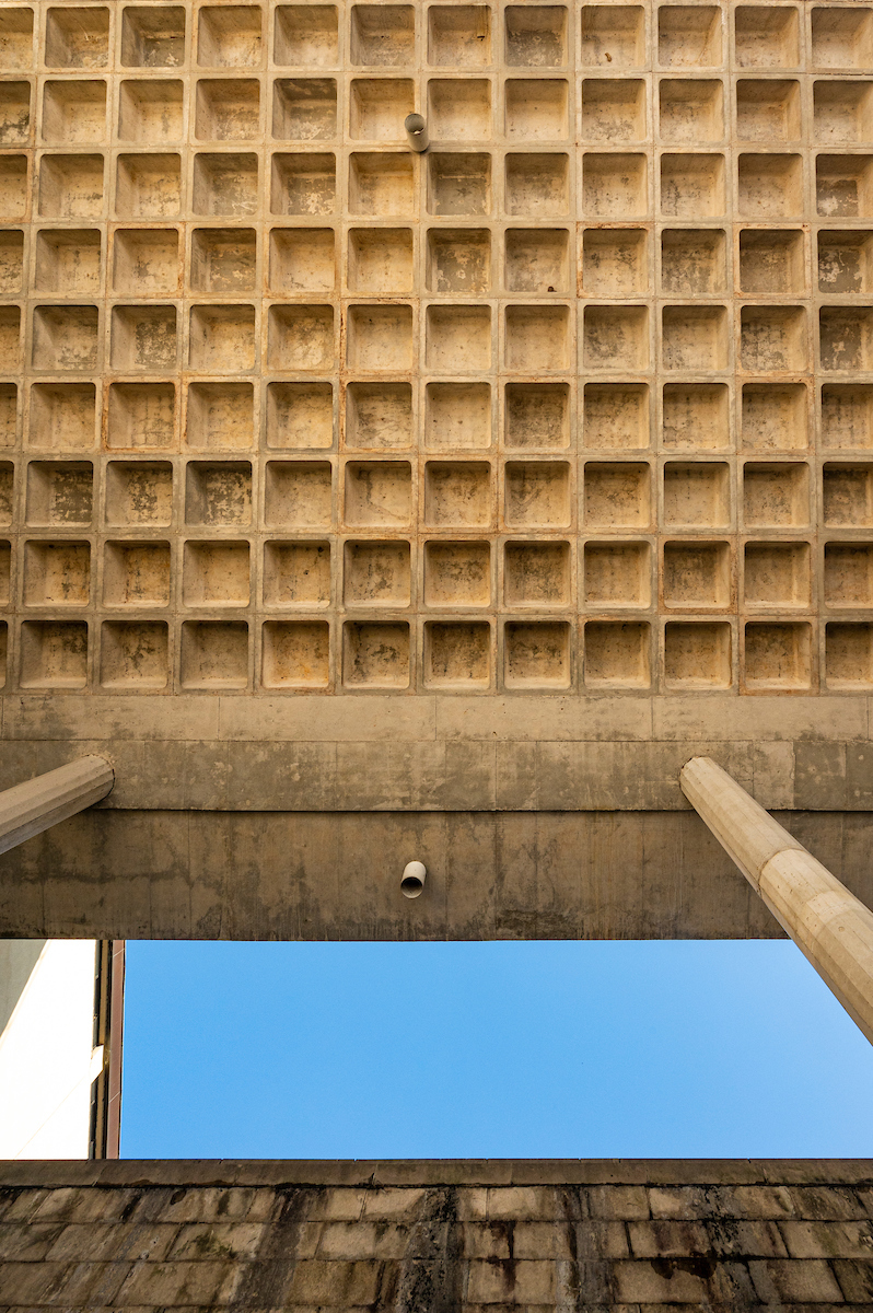 Waffle slab underside of Humanities upper structure supported by columns