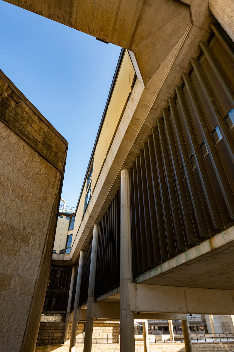 Copper-clad exterior windows and columns of the Humanities building