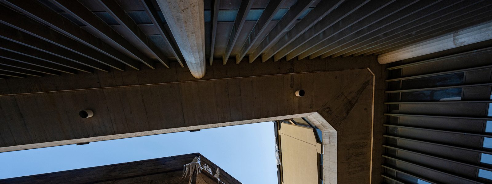 Upward angle of the interior pedestrian mall of the Mosse Humanities building