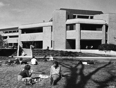 Black and white photo of students outside the old Union South during the 1970s
