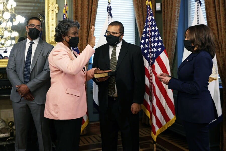 Linda Thomas-Greenfield is sworn in as UN Secretary by vice-president, Kamala Harris