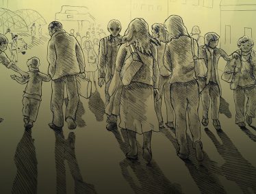 Illustration of aliens walking through crowd of humans