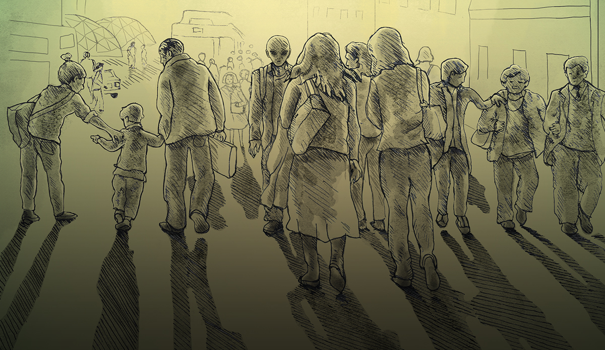 Illustration of aliens walking through crowd of humans