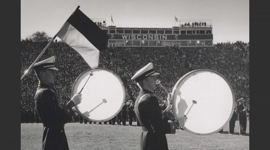 Black and white photo of marching band drummers from the 1960s