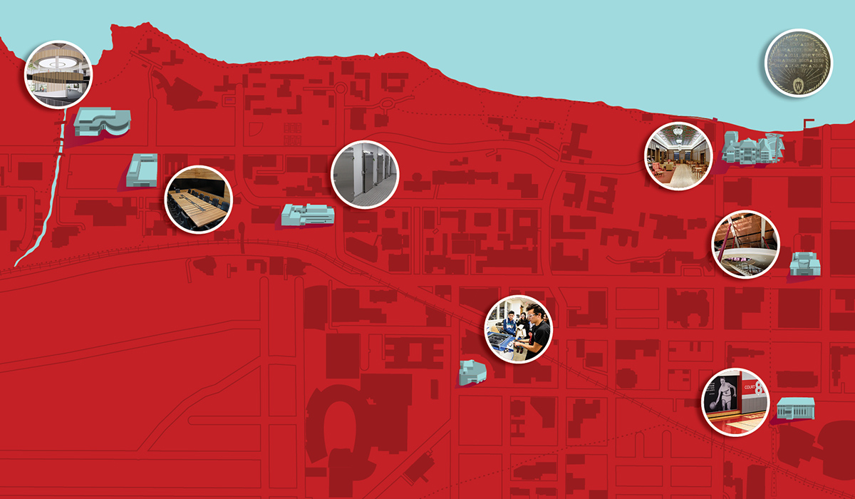 Red illustrated map of the UW–Madison campus with certain buildings highlighted