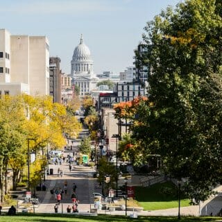 View of State Street and the Wisconsin State capitol from Bascom Hill