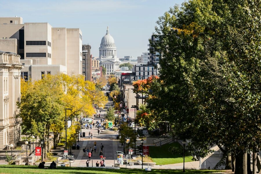 View of State Street and the Wisconsin State capitol from Bascom Hill