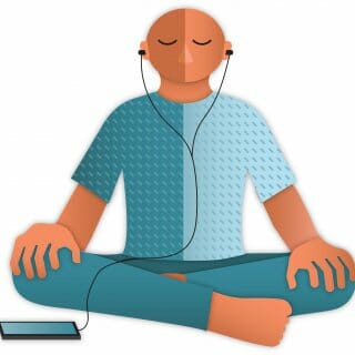 Illustration of person wearing headphones sitting in yoga lotus pose