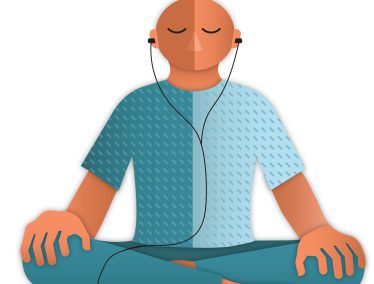 Illustration of person wearing headphones sitting in yoga lotus pose