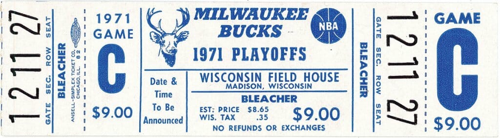 Ticket for the 1971 NBA playoff game at the UW–Madison Field House