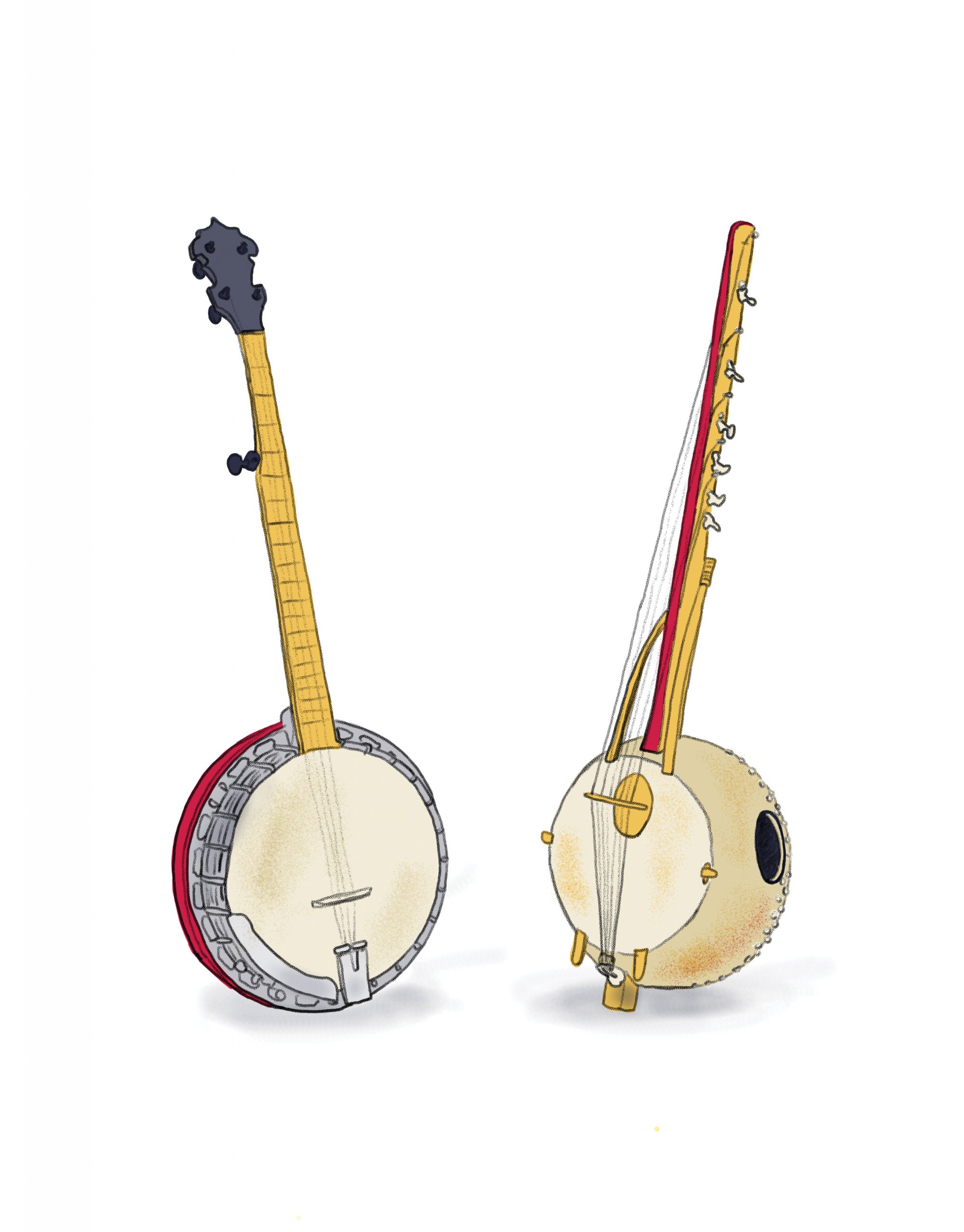 Illustration of a banjo and the African instrument, the ngoni