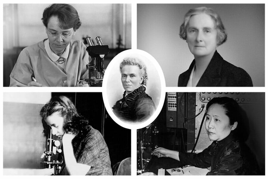 Photo compilation, clockwise from top: Barbara McClintock, Florence Bascom, Chien-Shiung Wu, Esther Lederburg, and Matilda Gage in the center
