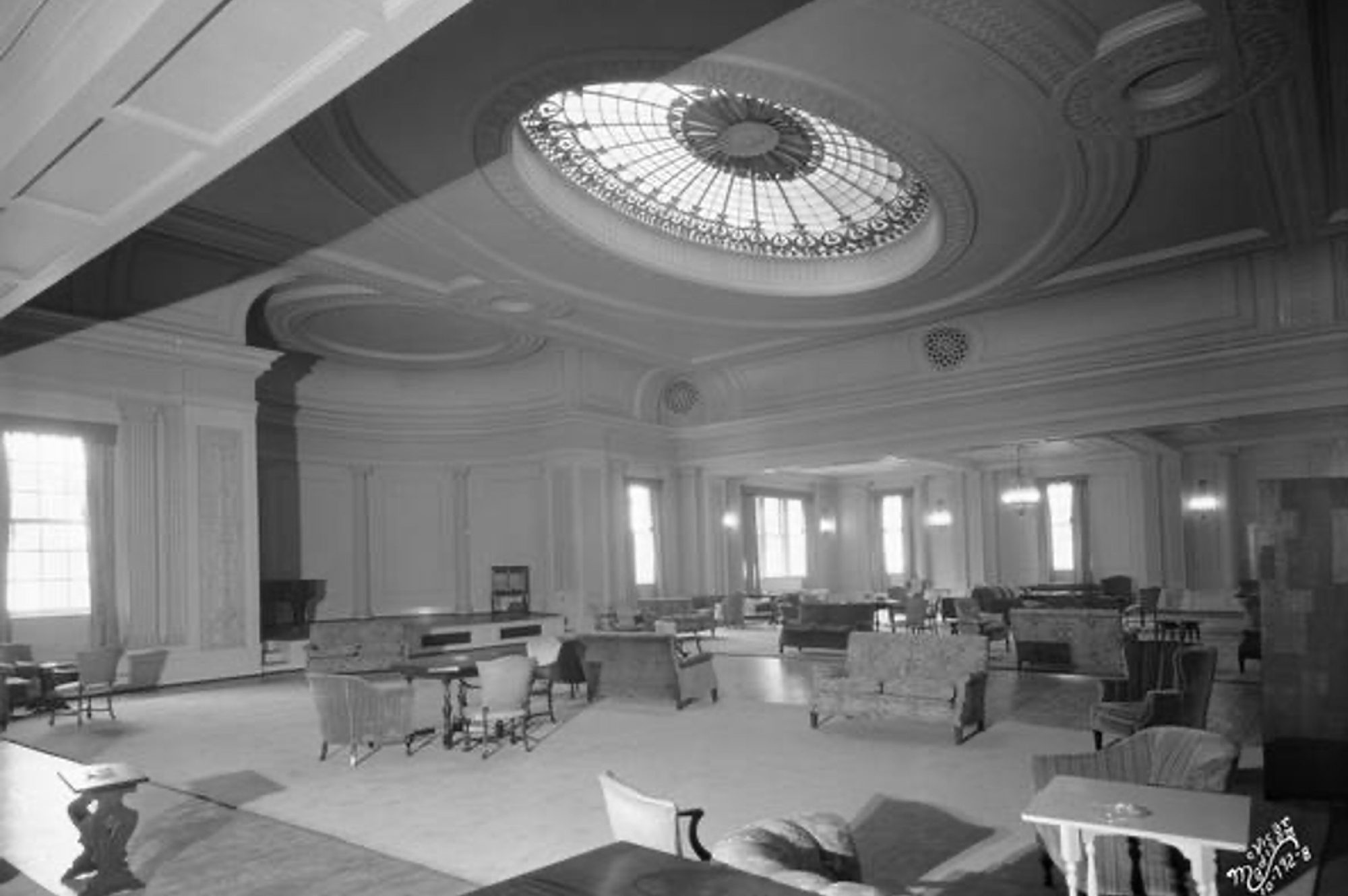 Archival black and white photo of the Memorial Union glass dome