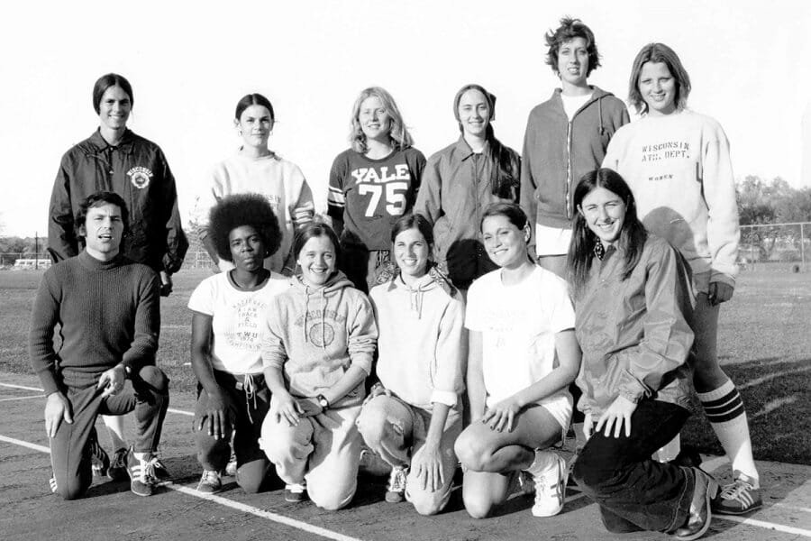 Black and white photo of the 1974 UW women's track team