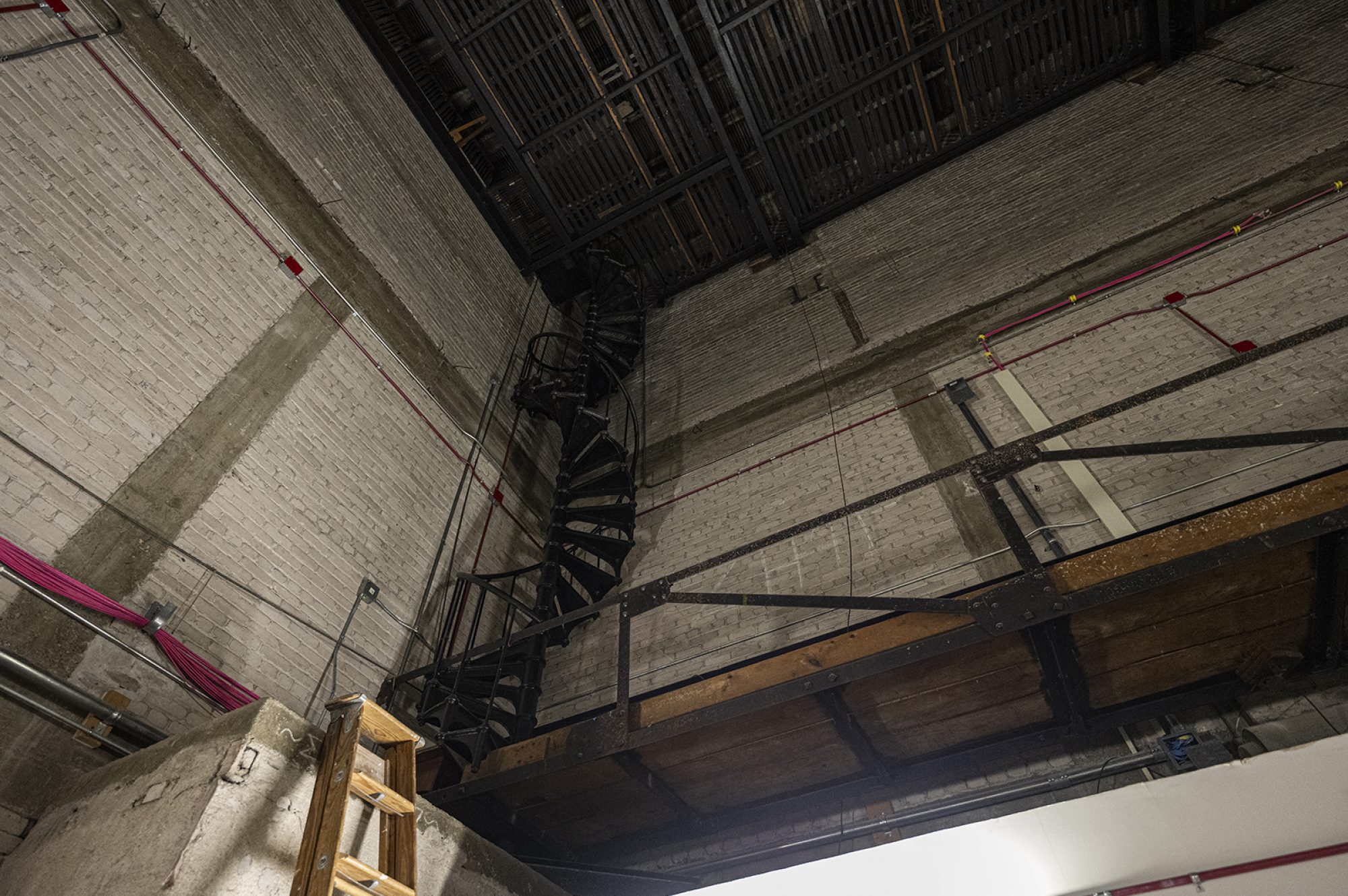Spiral staircase in the backstage area of the Bascom Hall theatre