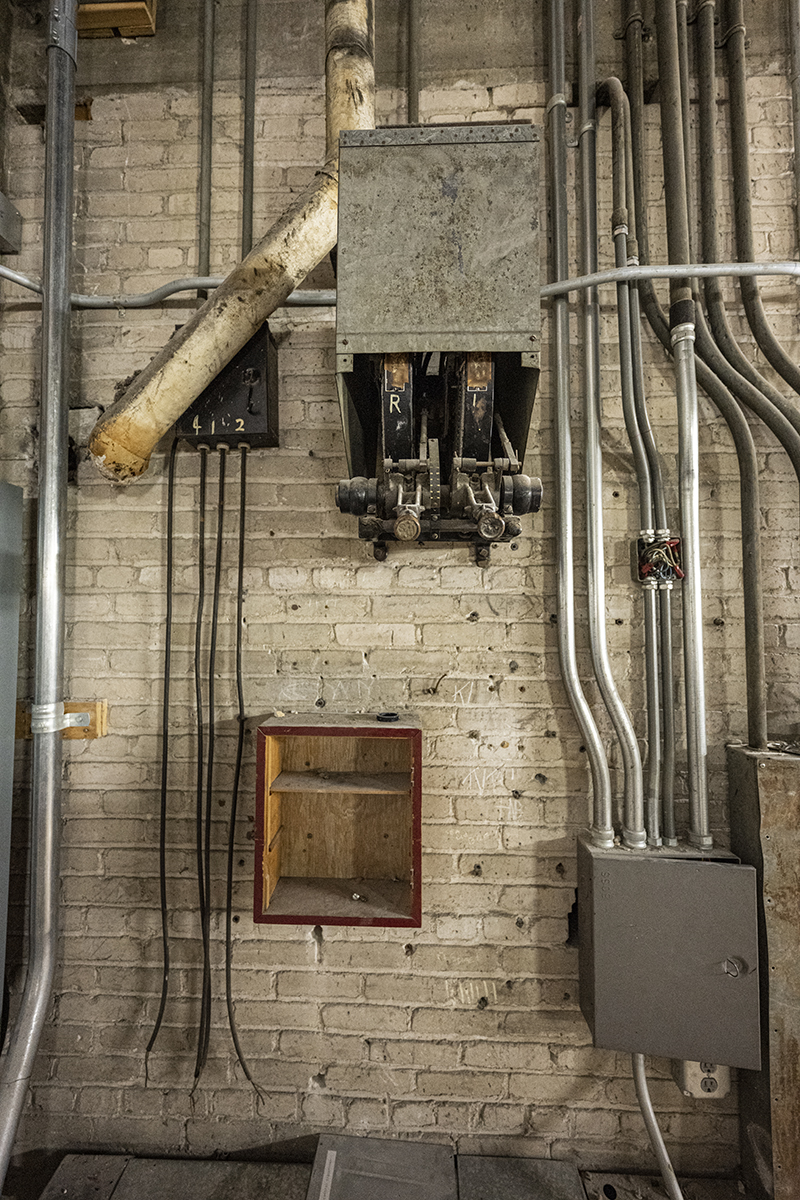 Electrical controls in the backstage area of Bascom Theatre
