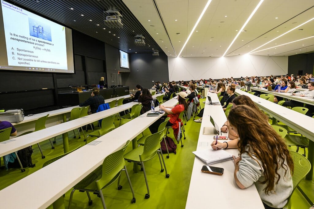 Students in a lecture hall in the new UW-Madison Chemistry building