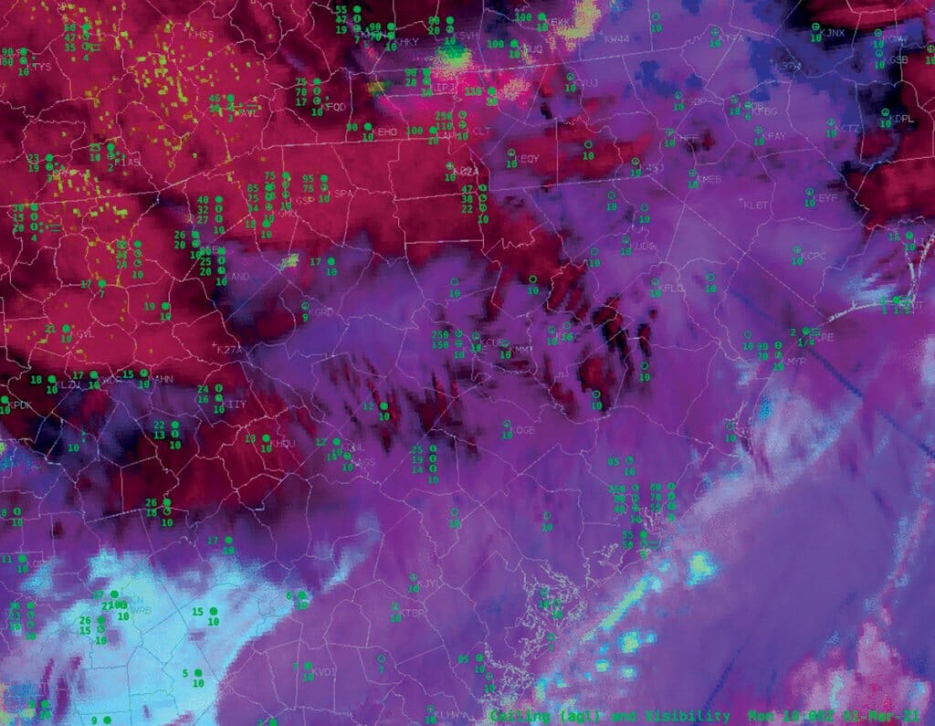 Colorful satellite image of fog readings over the United States