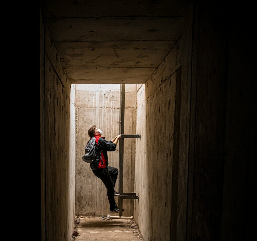 View of the illuminated end of a long dark hallway where On Wisconsin writer Preston Schmitt climbs down a ladder