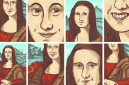 Cartoon style illustration of different versions of the Mona Lisa painting where the subject has different types of smiles