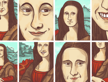 Cartoon style illustration of different versions of the Mona Lisa painting where the subject has different types of smiles