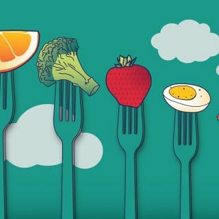 Illustration of five forks holding different fruits and vegetables