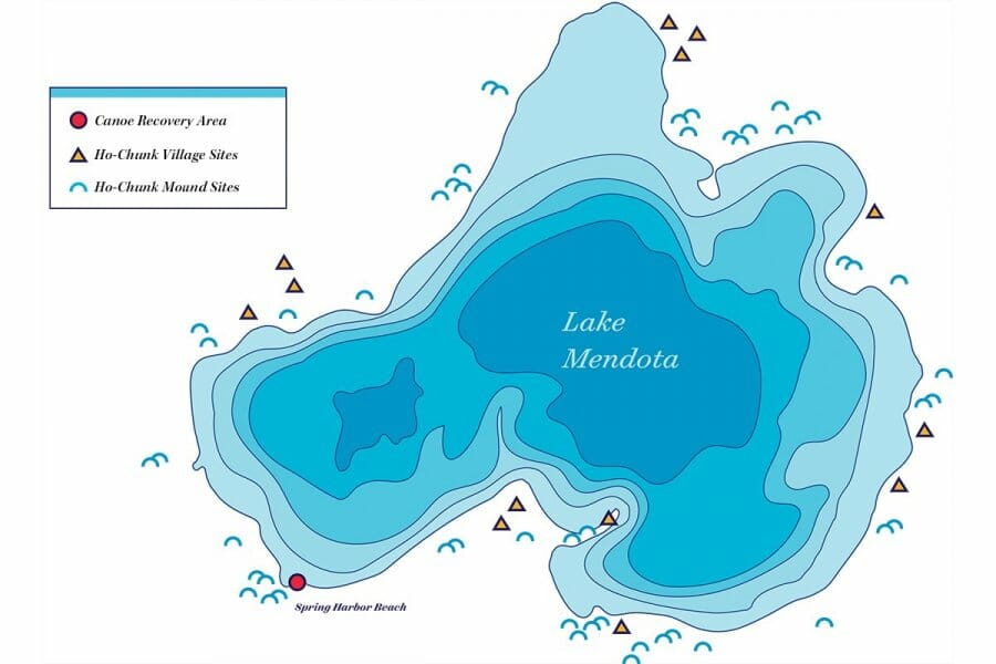 Map of Lake Mendota dotted with symbols denoting the canoe recovery area, Ho-Chunk Village sites, and Ho-Chunk burial mound sites