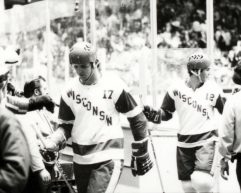 Black and white archival photo of the 2973 UW Badger Men's Hockey Team
