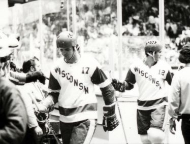 Black and white archival photo of the 2973 UW Badger Men's Hockey Team