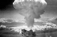 Black and white photo of a nuclear bomb explosion