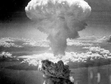Black and white photo of a nuclear bomb explosion