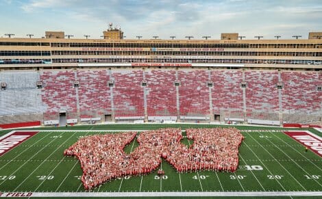 UW-Madison incoming freshmen form a large W on Camp Randall field