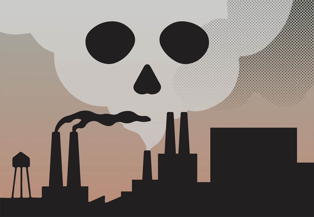 Illustration of silhouetted smoke stakes creating an ominous skull-shaped cloud